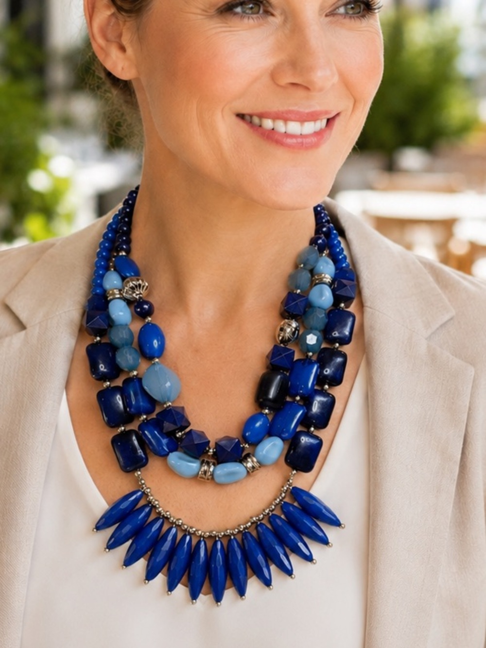 Blue Multi Strand Statement Necklace Bib Style Acrylic Beads Layered Fringe